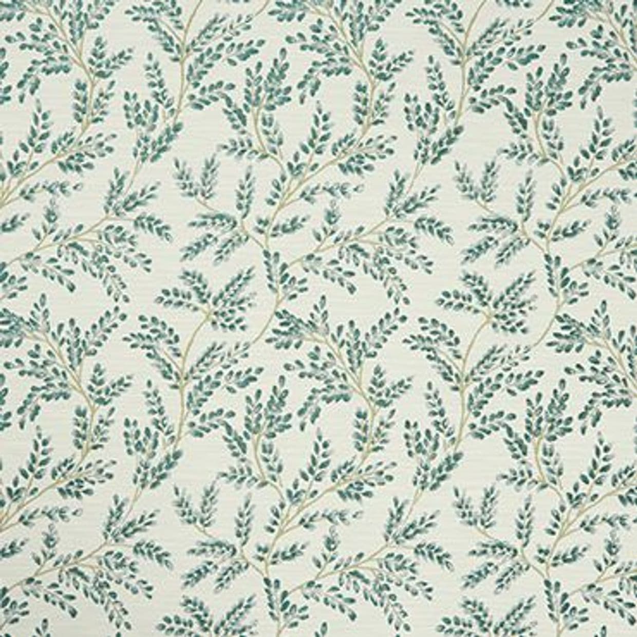 Cream wallpaper patterned with repeating teal leafy vine motifs, decorating and covering a wall; subtle texture and soft, evenly lit interior context suggesting a classic, botanical room dÃ©cor.