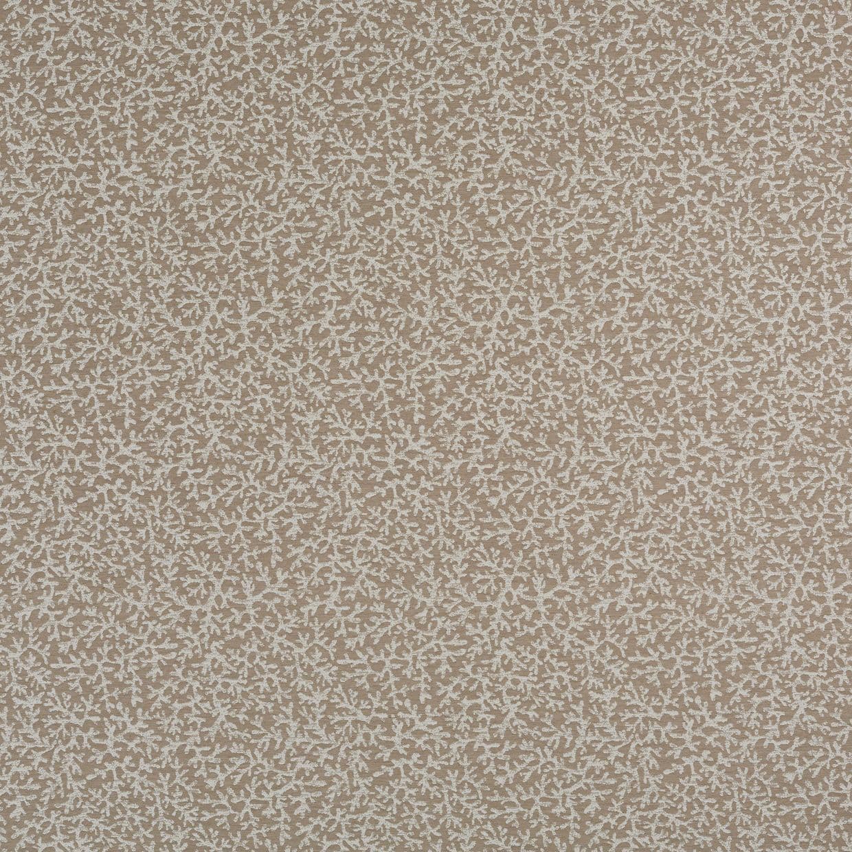 Beige textured wallpaper with a dense, white branching (coral-like) motif, covering the surface uniformly; shown flat in a close-up, evenly lit interior-wall or fabric-swatch view.