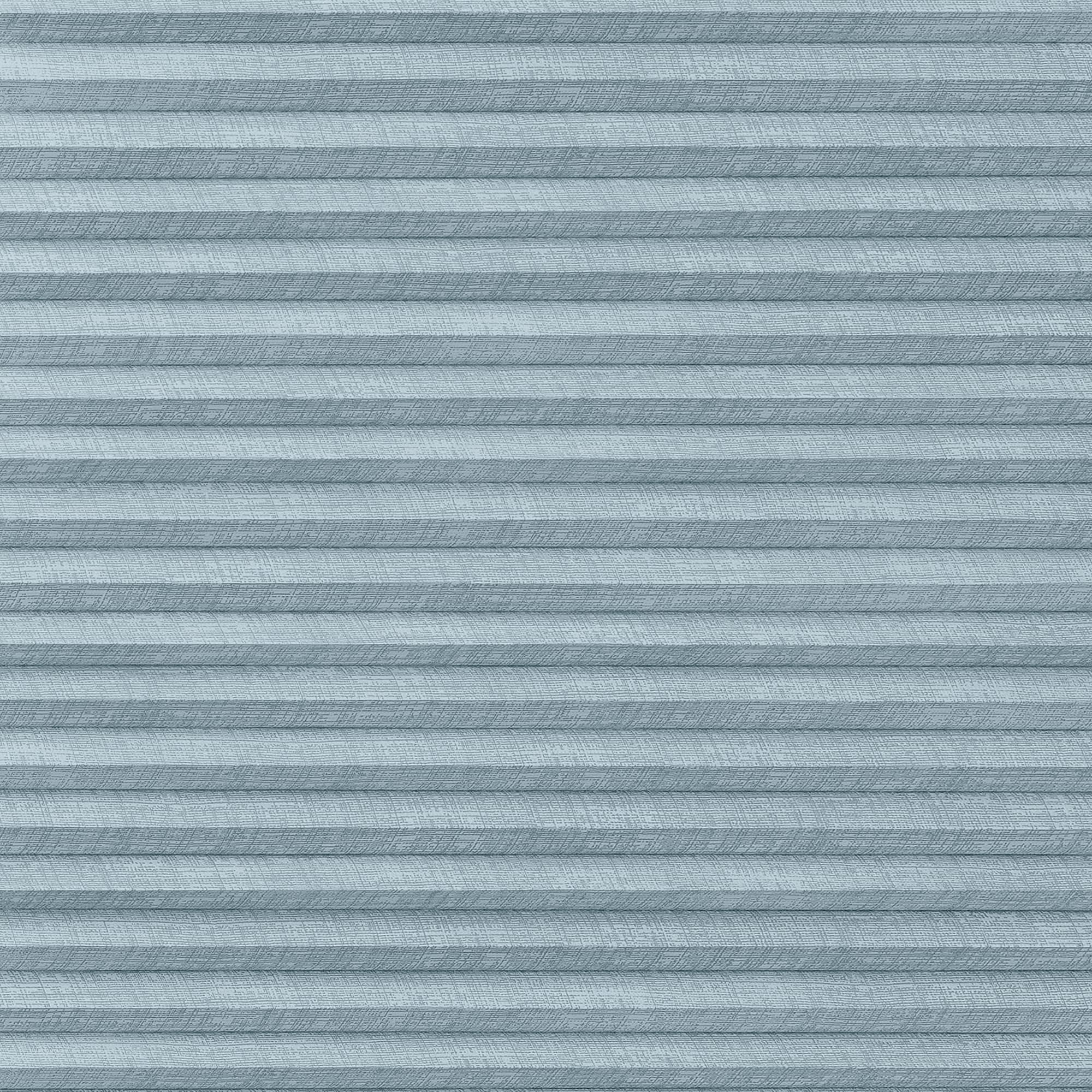 Light-blue pleated cellular shade, horizontally folded and textured, fully lowered and closed, softly filtering daylight across a neutral interior window with no visible view.