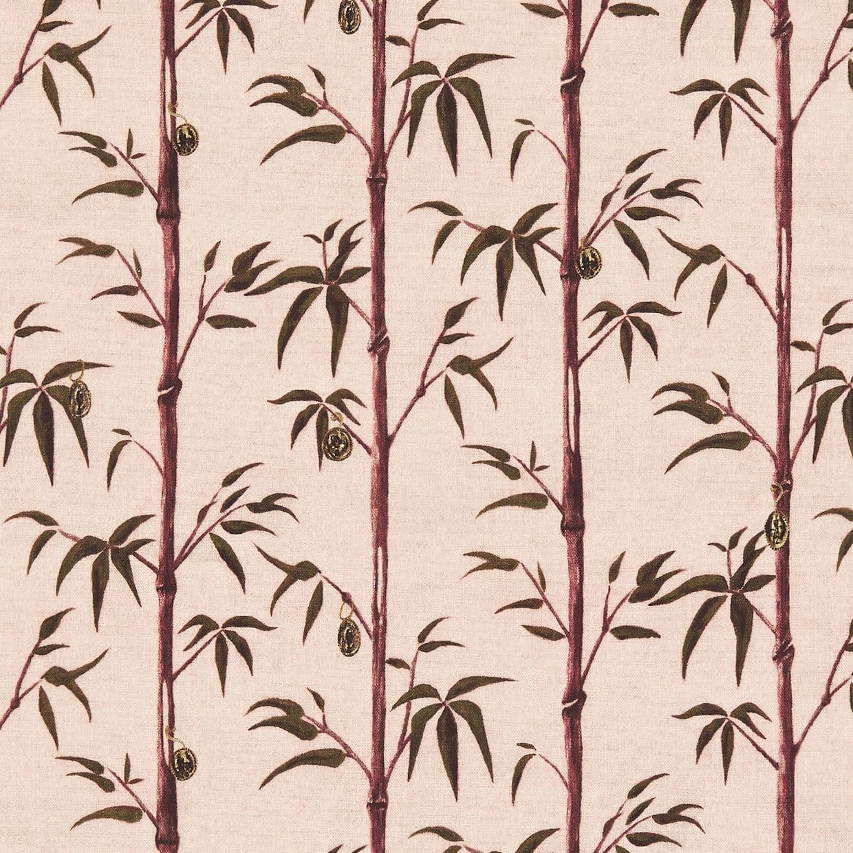 Vertical maroon bamboo stalks with dark green leaves and small hanging oval pods â€” arranged in repeating printed columns â€” on a pale pink textured wallpaper or fabric background.