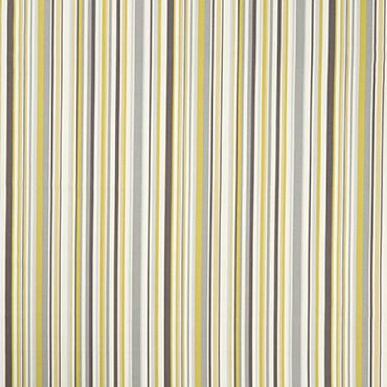 Vertical striped curtains with narrow yellow, gray, and off-white bands, hanging closed with smooth folds; close-up indoor view showing the textile pattern under even lighting.