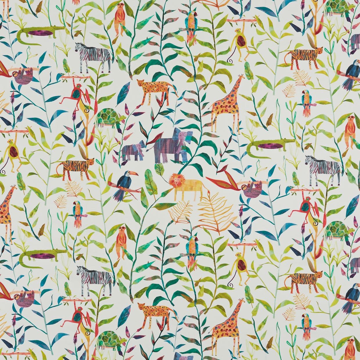 Object: printed wallpaper of leafy vertical vines and colorful stylized jungle animals (giraffe, lion, zebra, toucan, monkey). Action: repeating pattern covers wall. Context: bright white background, playful.