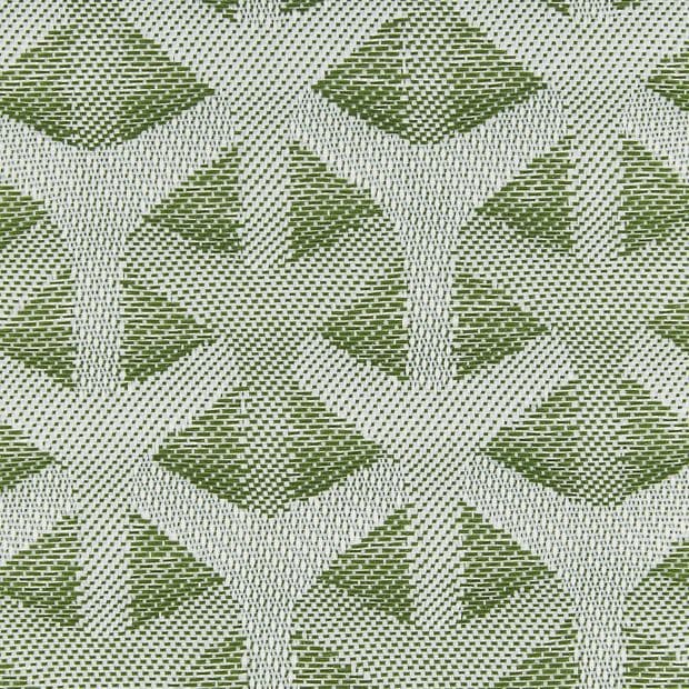 Woven textile with green-and-cream geometric Y-and-diamond motif, tightly woven and slightly textured; pattern repeats across a close-up surface under even, neutral lighting.