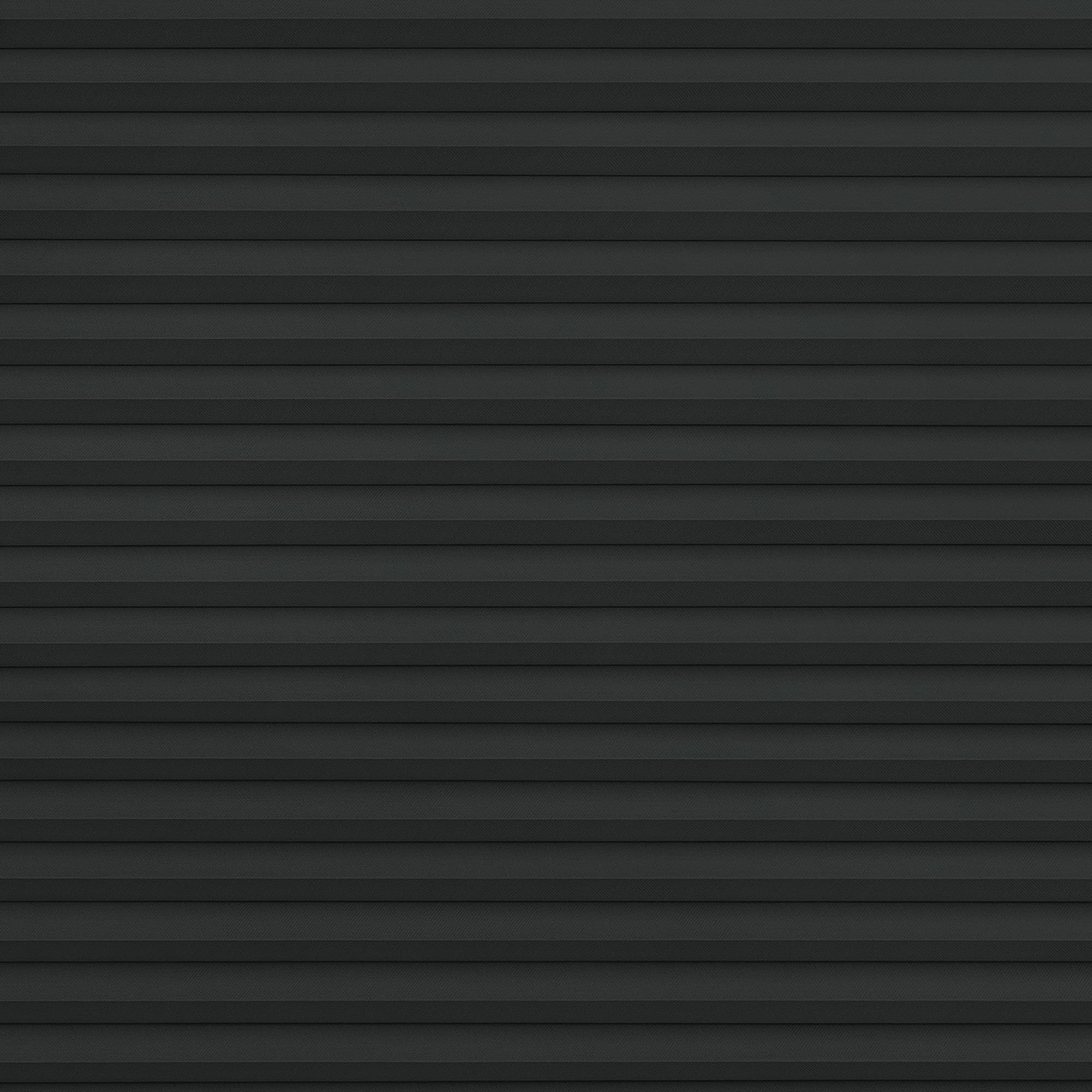 Dark charcoal horizontal pleated blinds, fully closed and overlapping, blocking light; they fill the interior frame with uniform textured bands and a dim, featureless room view.