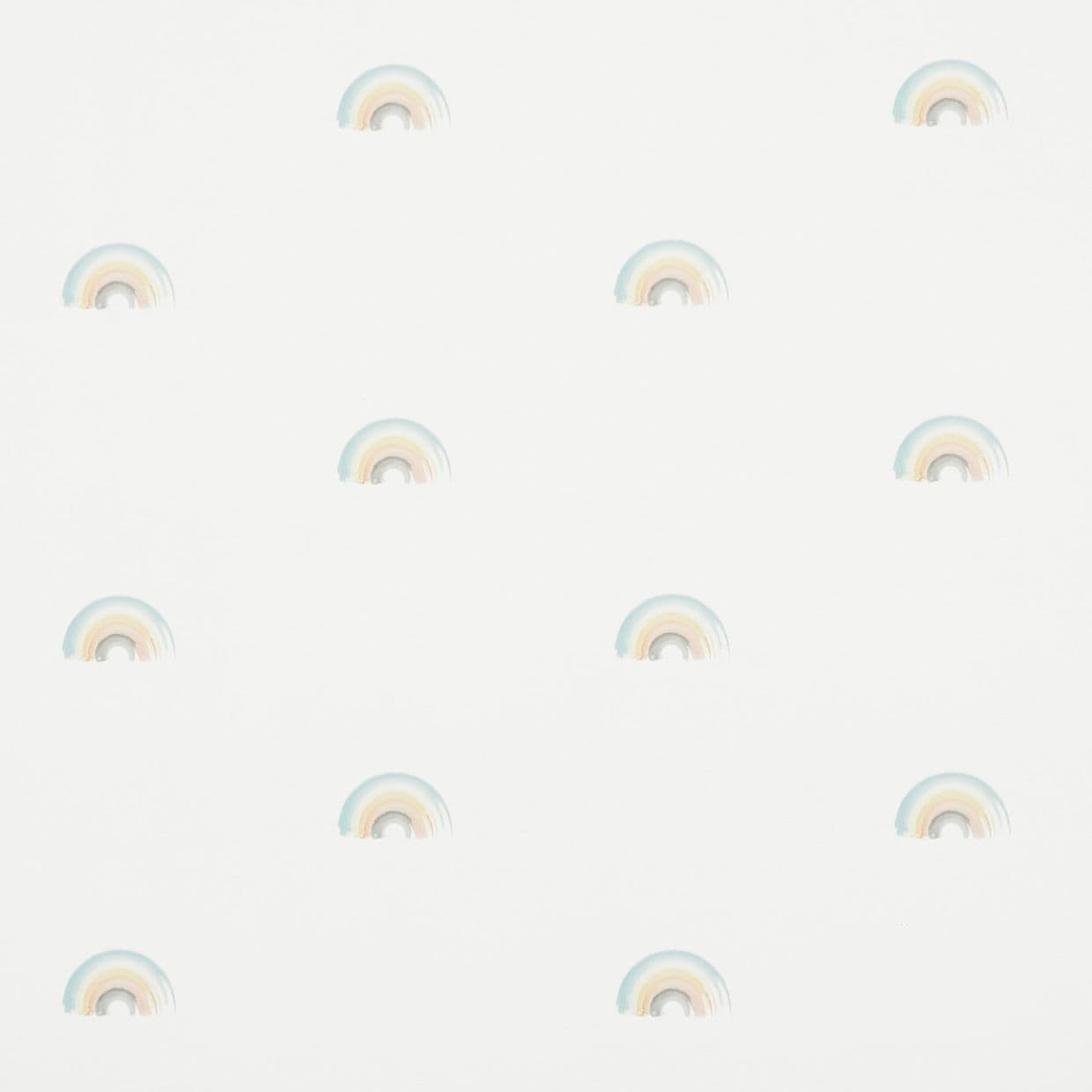 Pastel watercolor halfâ€‘rainbows, small and evenly spaced, form a repeating pattern across a white background, suggesting soft, minimal nursery wallpaper with diffuse, gentle lighting.