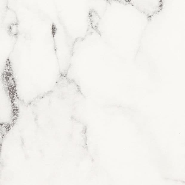 White marble slab with pale grey, irregular veining; polished surface reflecting soft, diffuse light; close-up view suggesting a countertop or tile, neutral bright lighting and minimal surrounding detail.