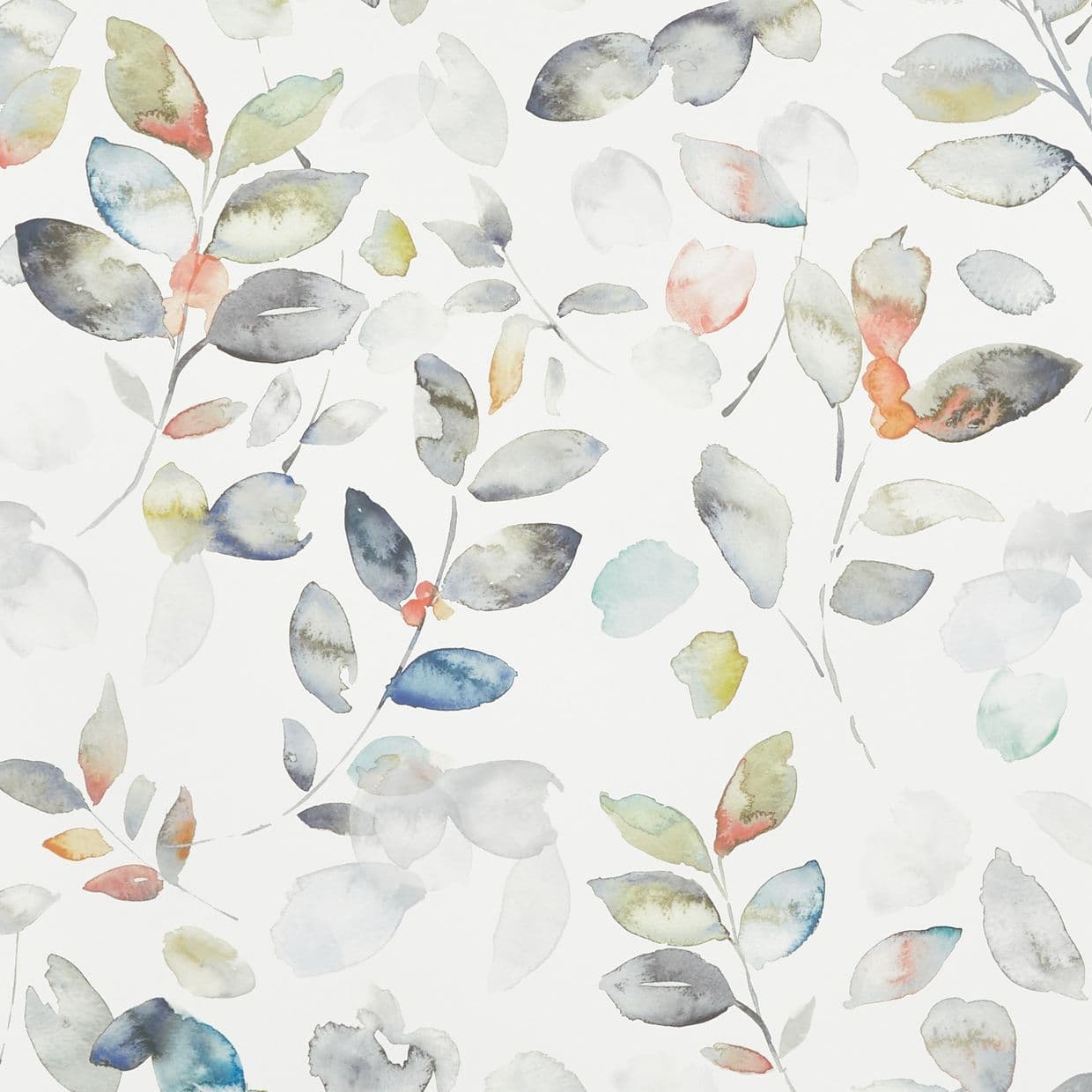 Translucent watercolor leaves and slender stems float and overlap on a white background, with soft muted blues, greens, grays and coral accents, resembling a delicate botanical wallpaper.