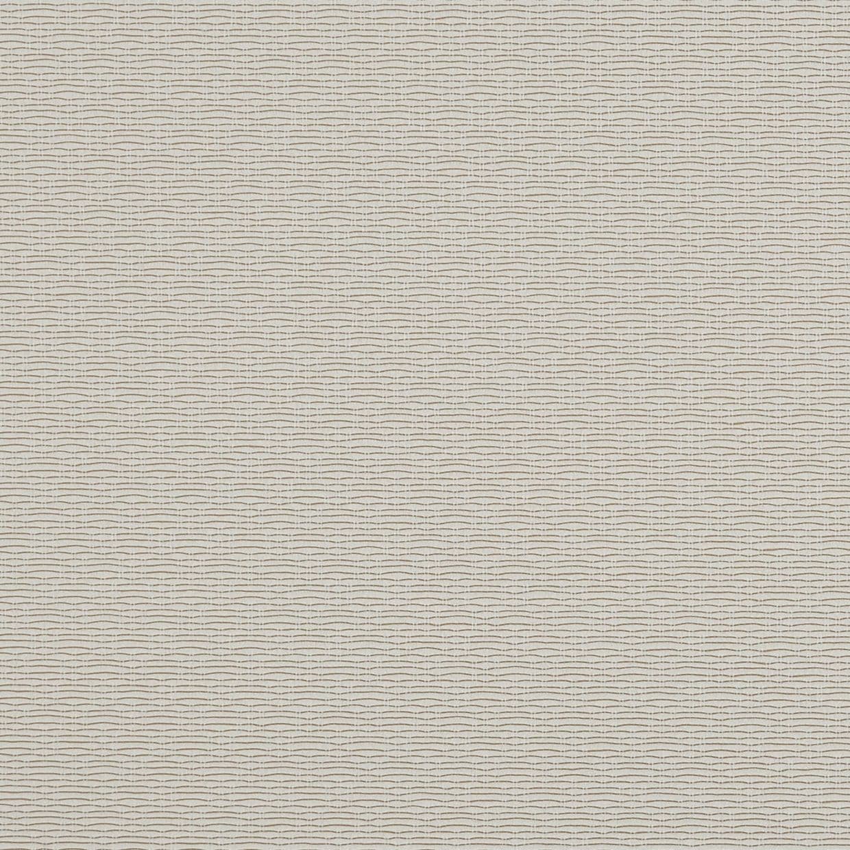 Cream wallpaper with fine horizontal wavy dashed lines, covering a wall in a subtle repeating pattern, shown close-up under soft, even lighting.
