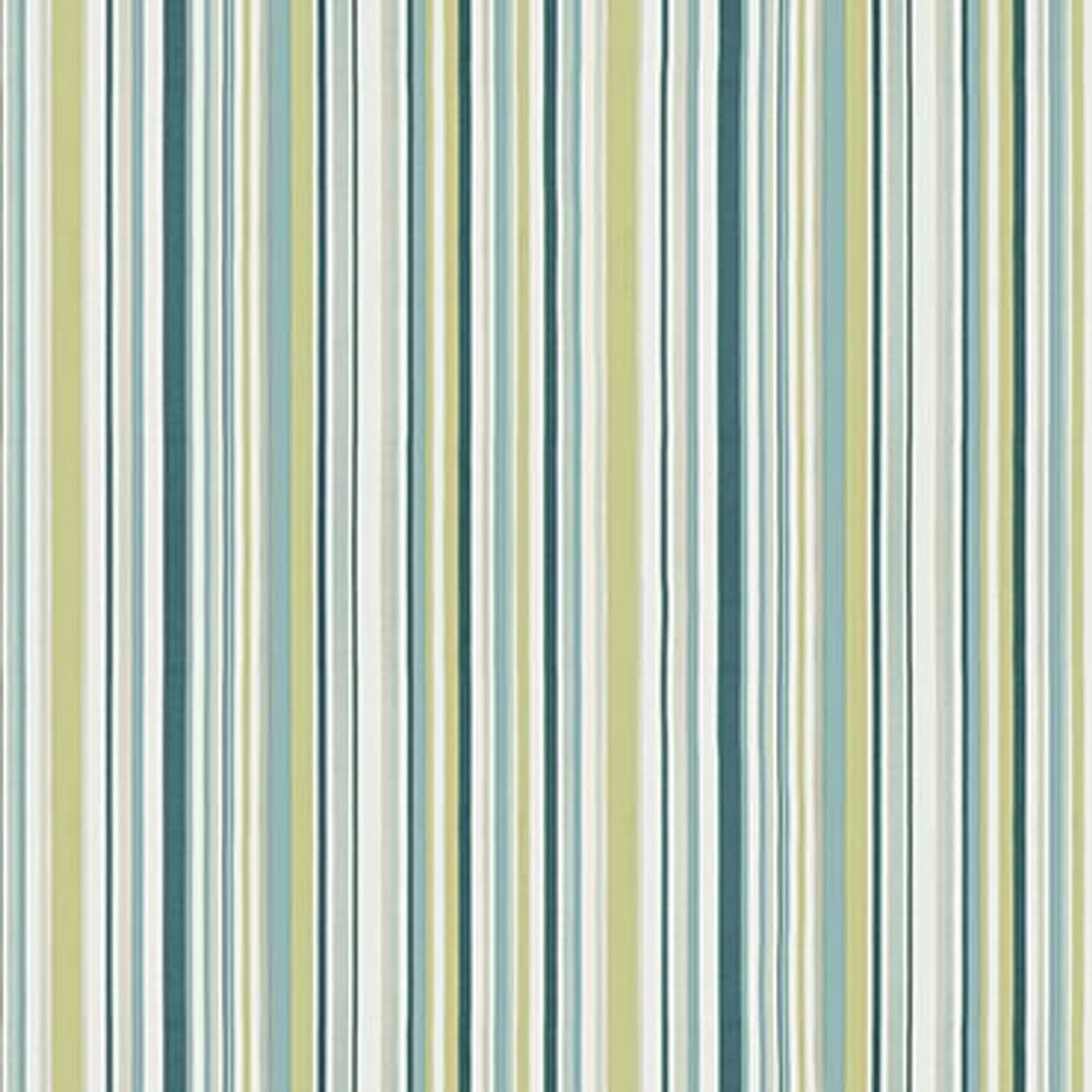 Vertical fabric curtain, tightly closed, displaying alternating thin and wide teal, aqua, lime, beige and white stripes; close-up, evenly lit interior view emphasizing the patterned textile.