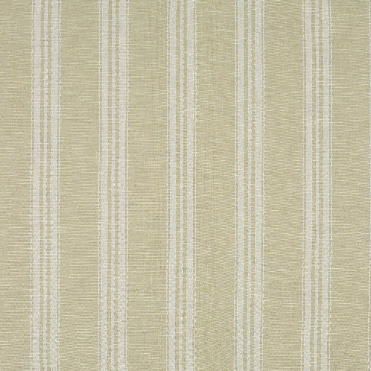 Beige-and-cream vertical striped fabric wallpaper with alternating thin and wider textured bands; covering a flat wall surface, providing subtle, neutral decoration under soft, even lighting.