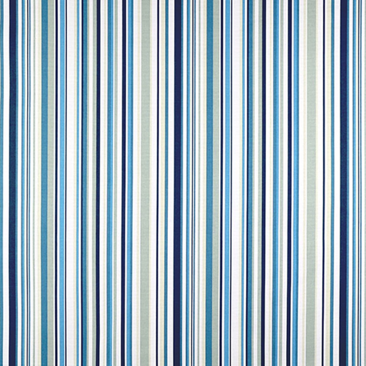 Vertical-striped fabric curtain filling the frame; alternating narrow and wide bands of navy, teal, sky blue and white; hung closed and flat, suggesting a bright interior wall or window covering.