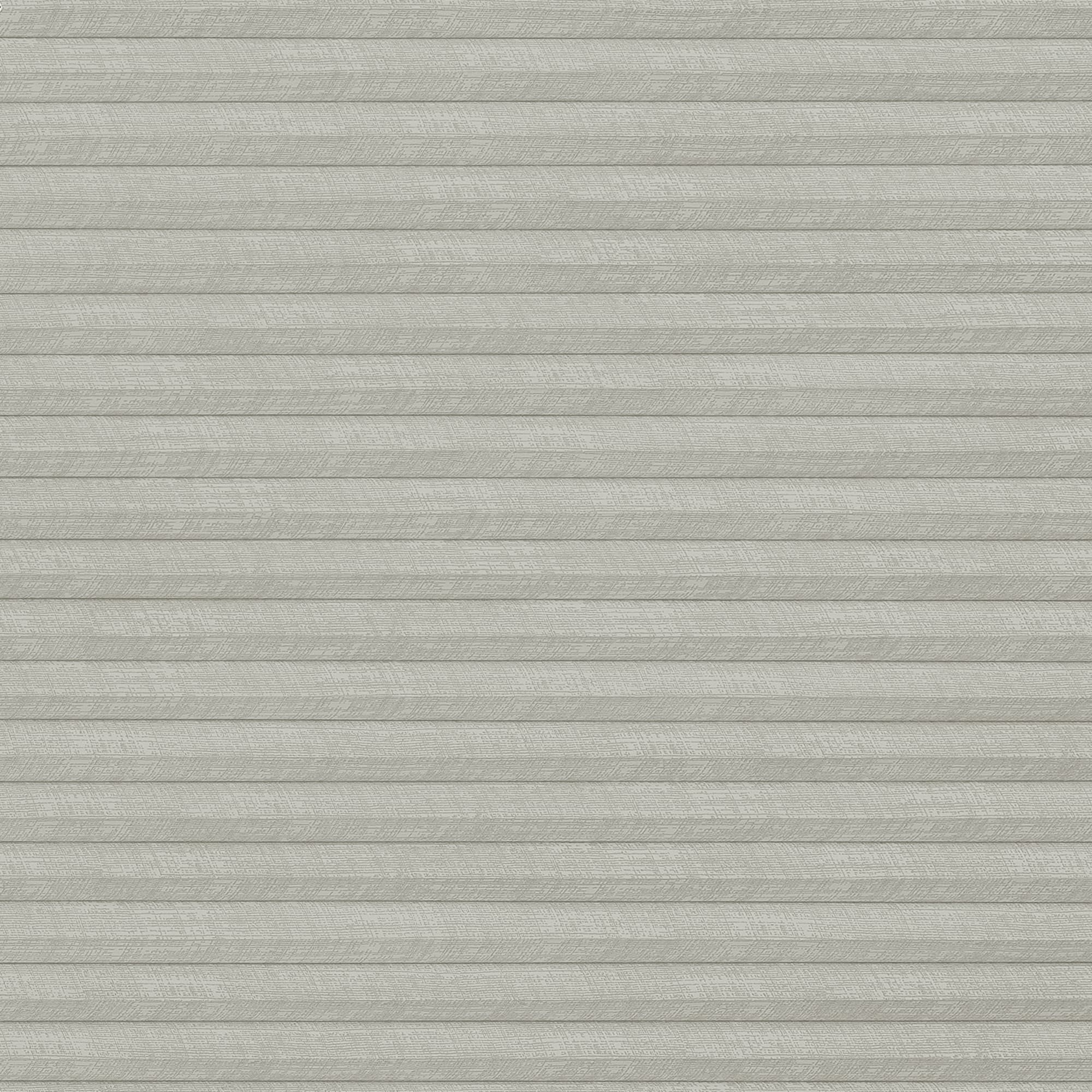 Light-gray pleated cellular shade, fully lowered with textured horizontal folds; closed, blocking view and softly diffusing daylight; fills a neutral, minimally lit interior wall with uniform, muted tone.