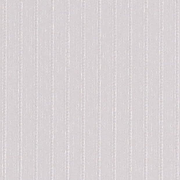 Beige, subtly textured wallpaper with narrow vertical white pinstripes covering a wall; close-up view showing soft, even ambient indoor lighting and no visible fixtures.