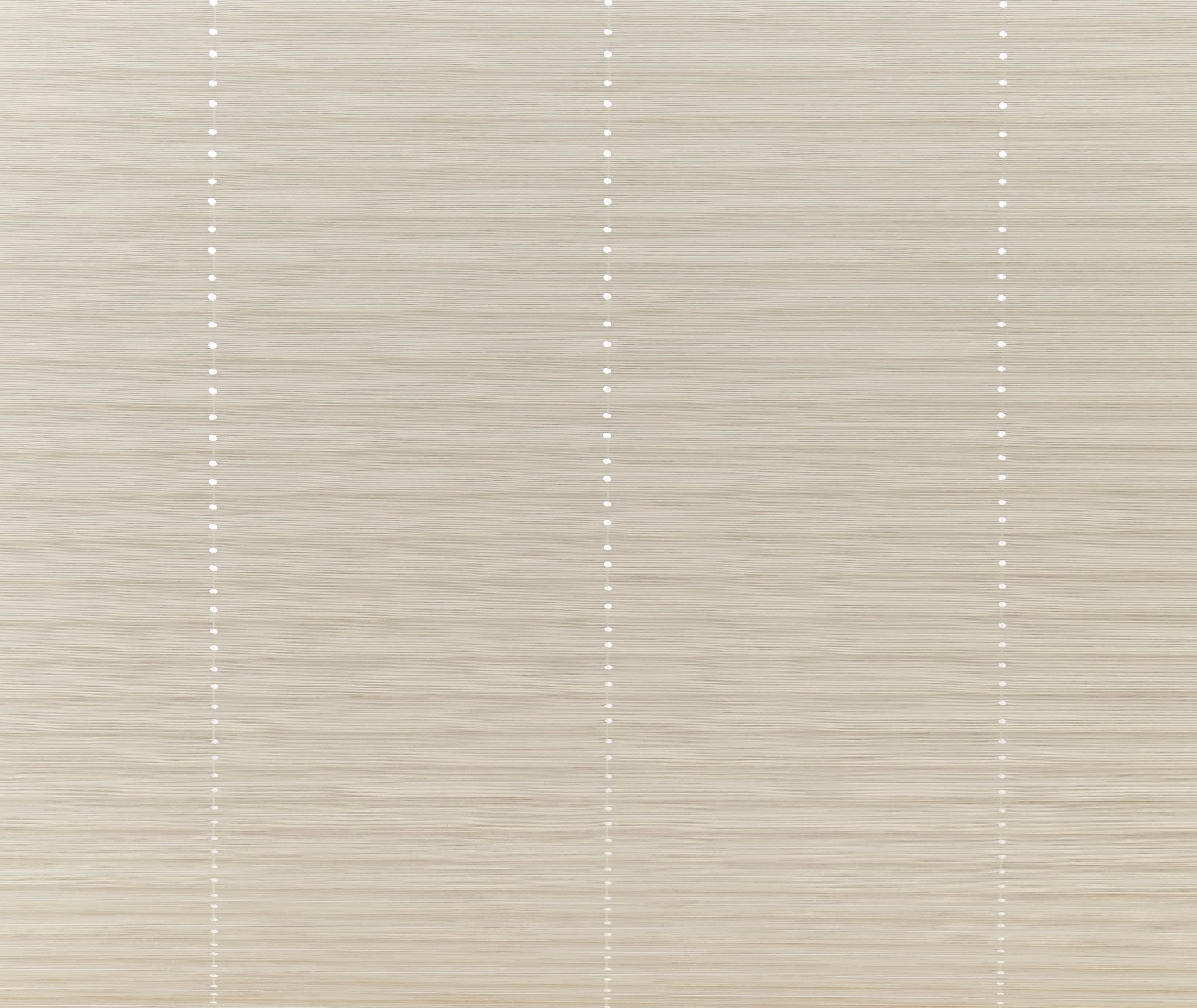 Beige horizontal cellular shades, fully closed with three vertical beadâ€‘chain lines of small white dots; filtering soft daylight into a neutral interior, eliminating any outside view.