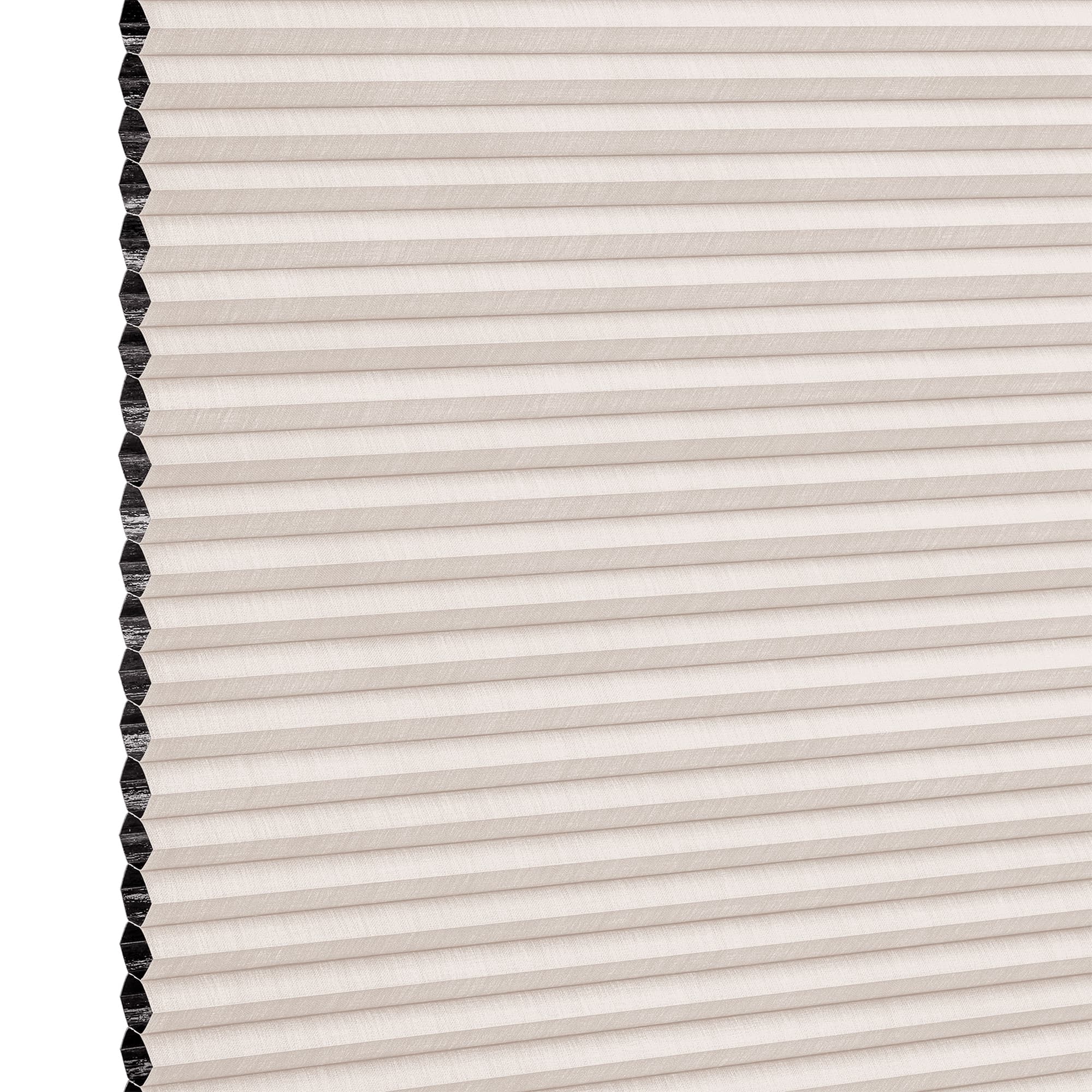 Beige pleated honeycomb cellular blind, fully lowered with visible black cells along the left edge; filtering light in a close-up studio view of the shade surface.