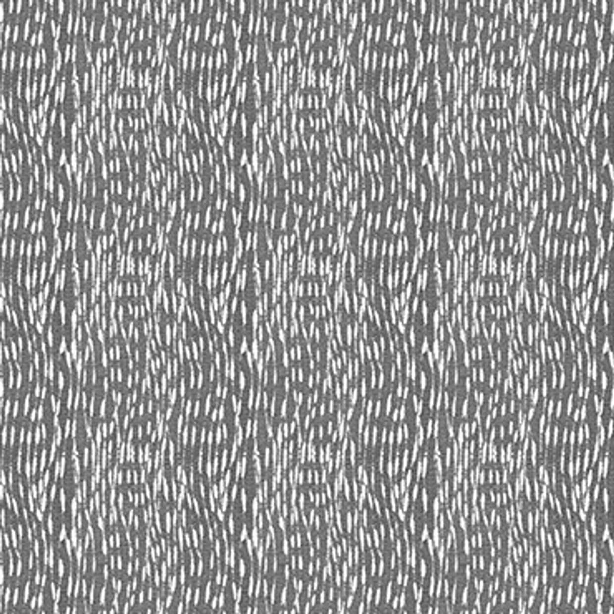 Grey textured wallpaper covered in vertical, repeating oval motifs of short white dashes; forming a consistent, rhythmic pattern on a flat interior surface under neutral lighting.