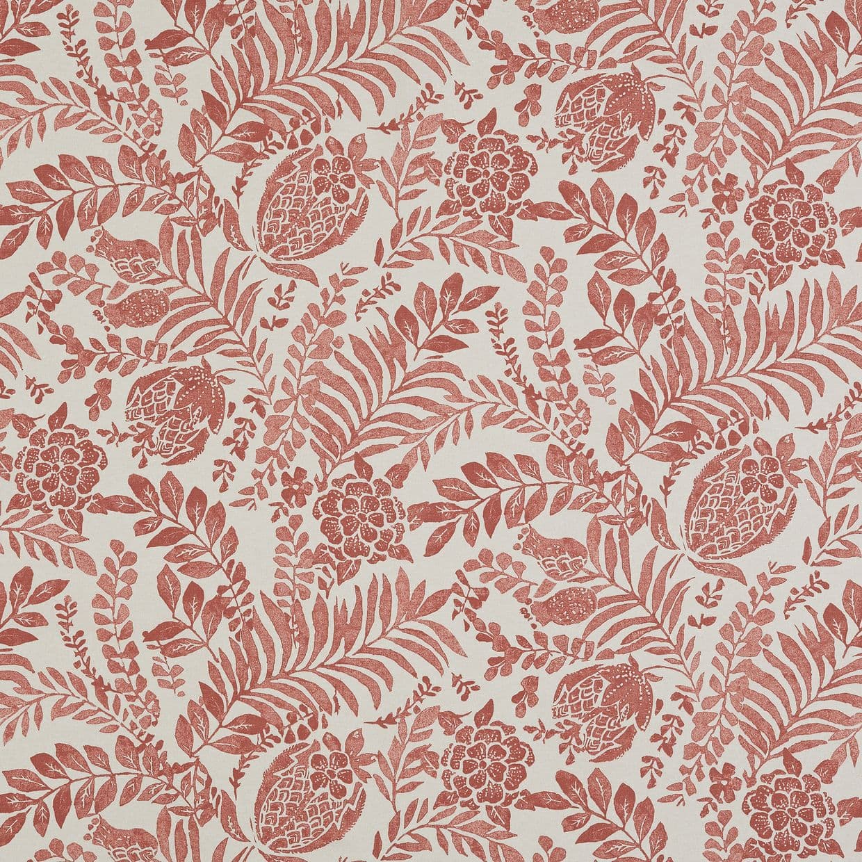 Patterned wallpaper (coral-red botanical prints of leaves, flowers and pomegranate-like fruit) â€” printed in repeating motifs â€” photographed flat as a close-up sample on a cream background, evenly lit.