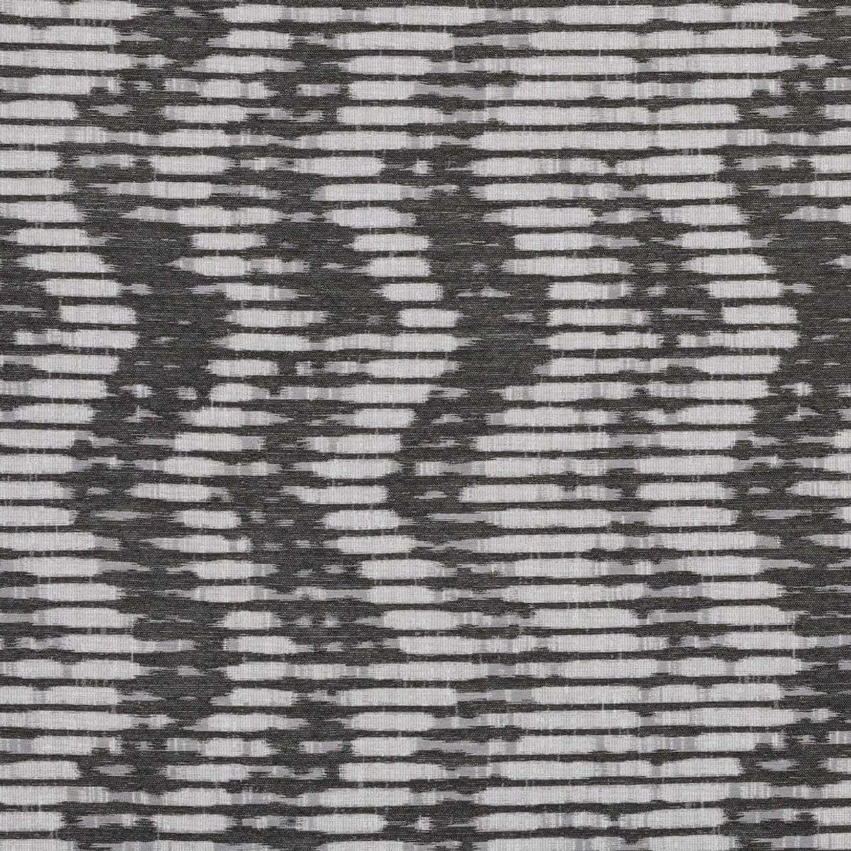 Horizontal-striped sheer window fabric (zebra-style blind) with alternating opaque and translucent bands; layered, filtering light; close-up shows woven gray-and-white abstract wavy pattern in an interior setting.