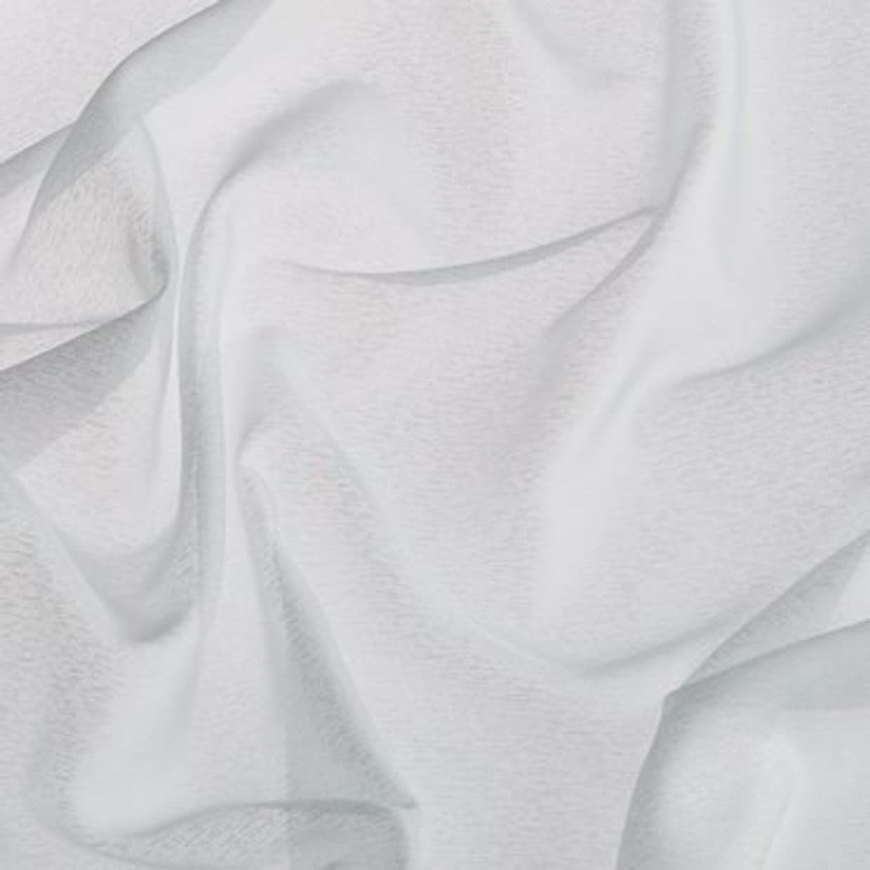 White textile sheet, soft woven fabric, draped and crumpled into gentle folds and creases, creating subtle shadows; close-up view with diffuse, neutral lighting suggesting bedding or a fabric sample.