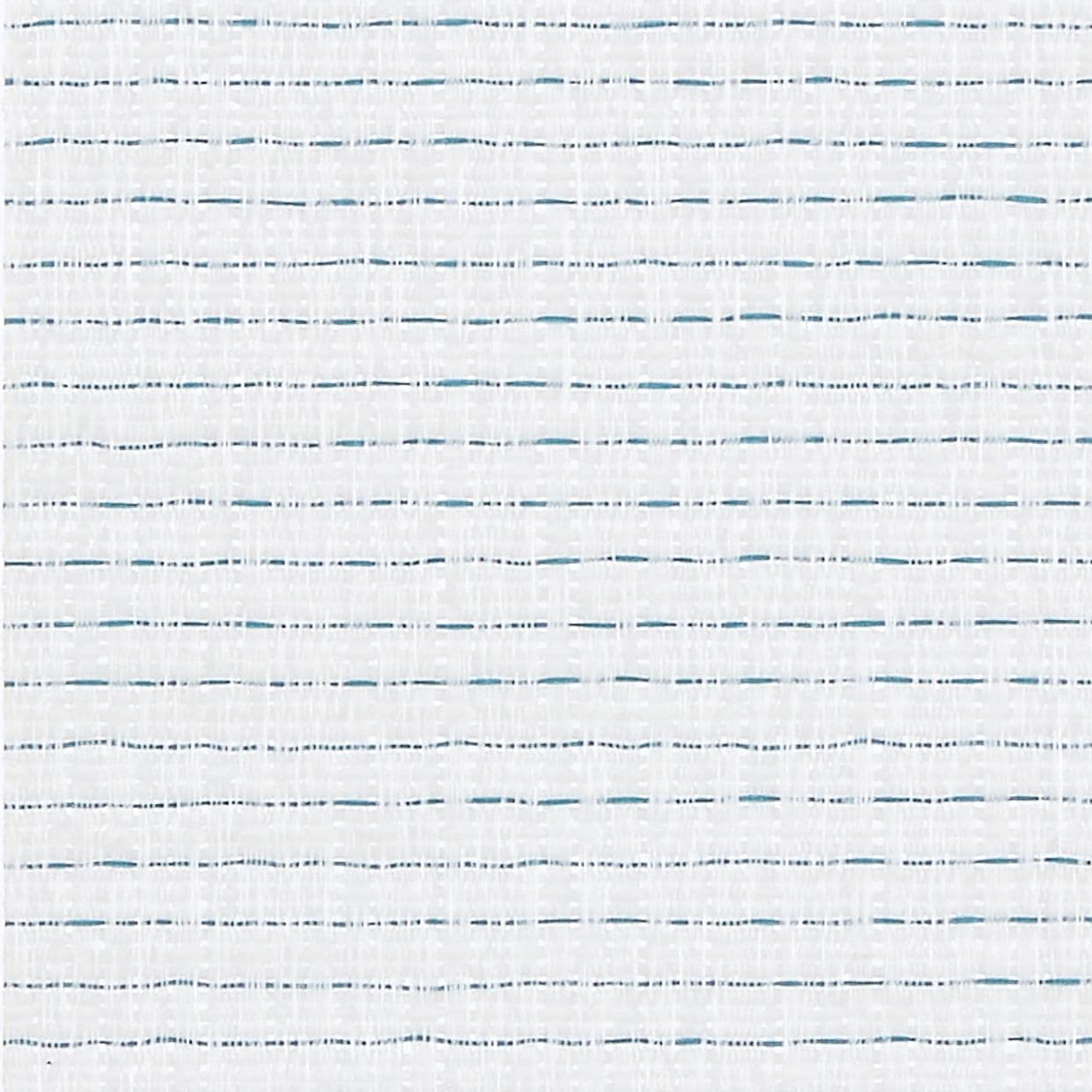 White woven textile with thin irregular teal and dark-gray dashed horizontal stripes; laid flat to reveal a subtle open weave; close-up sample under neutral, even lighting.