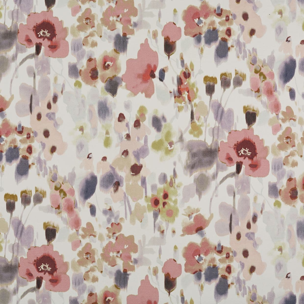 Watercolor-style floral fabric swatch, soft pink, mauve, olive and gray blooms printed across a white ground; lying flat and evenly lit, abstract botanical pattern suited for upholstery or curtains.
