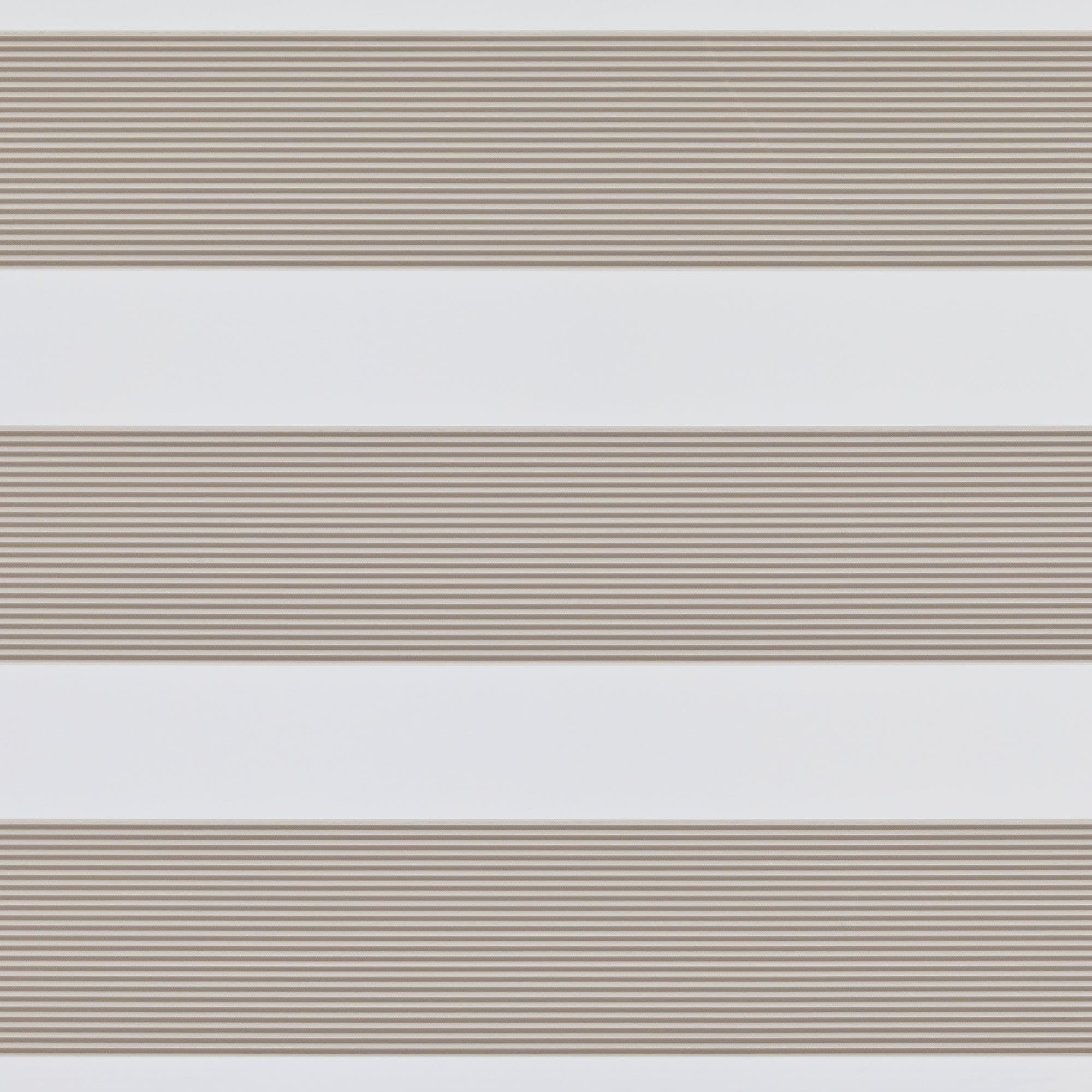Horizontal dual-layer zebra blinds with beige pleated opaque stripes alternating with white sheer bands, partially filtering and diffusing daylight across a neutral, minimalist interior.