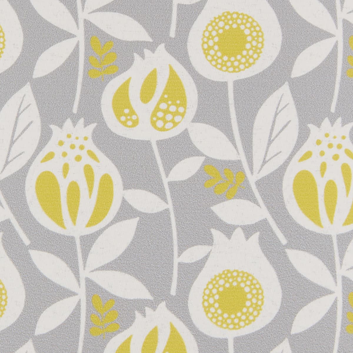 Wallpaper: stylized white-and-mustard floral motifs (tulip-like blooms, stems, leaves). Action: printed as a continuous repeating pattern. Context: light-gray background, decorative wall or fabric for modern interiors.