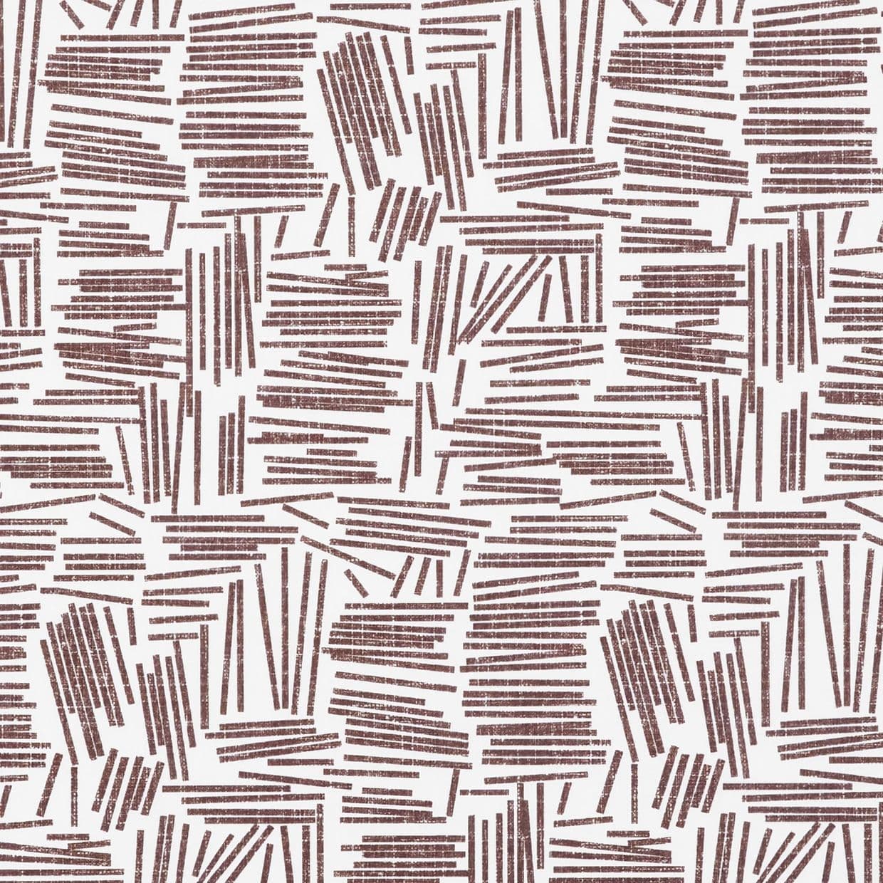 Wallpaper featuring distressed brown short linear strokes grouped into irregular stacked rectangles repeating across the surface on a white background, flat and evenly lit, modern geometric design.