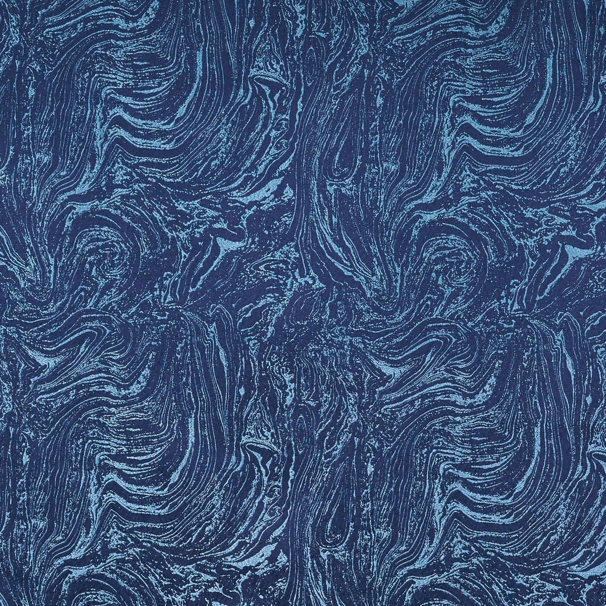 Navy-blue marbled wallpaper with light-blue swirling veins, repeating pattern covering the surface, creating textured, organic waves; flat, evenly lit close-up view.