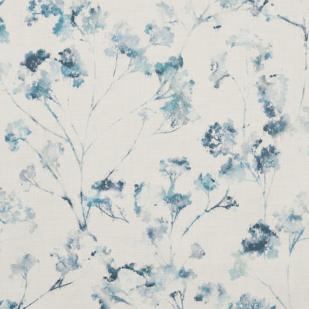 Light linen-like fabric with blue watercolor floral print â€” softly printed over a white background â€” creating a delicate, airy botanical pattern suitable for curtains or wallpaper.