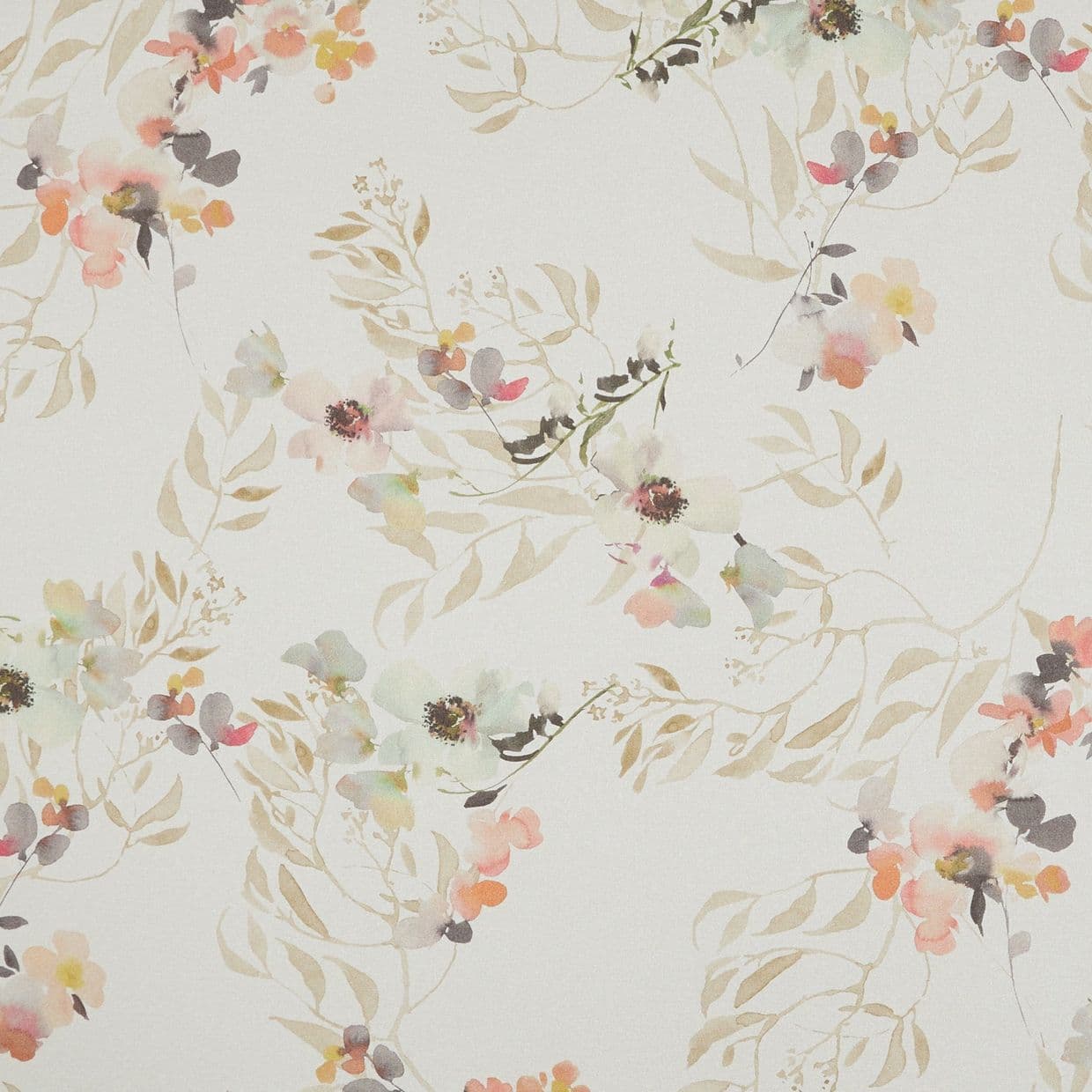 Watercolor floral wallpaper repeats across a soft cream background, pale pink, peach and mint flowers with beige leafy vines, creating an airy, subtle botanical pattern.