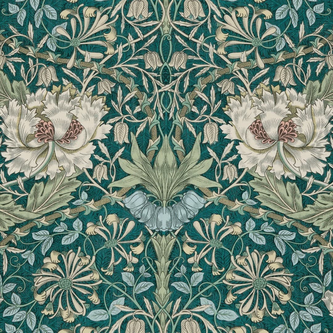 Decorative Arts-and-Crafts floral wallpaper: symmetrical, densely patterned cream peonies, pale green leaves and curling vines on deep teal background; repeating motif covers a flat surface, evoking vintage interior dÃ©cor.