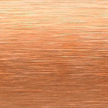 Brushed copper metal panel with fine horizontal striations; reflecting warm light and subtle highlights; presented as a flat surface, suggesting a metallic finish in neutral studio lighting.