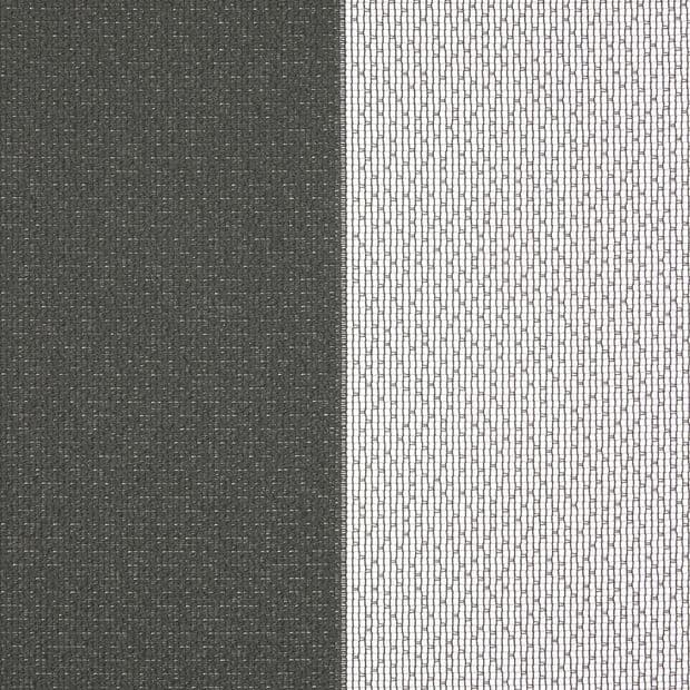 Two window dressings: a dark, opaque fabric panel left and a white sheer mesh right â€” closed, the sheer filtering bright daylight from the window behind.