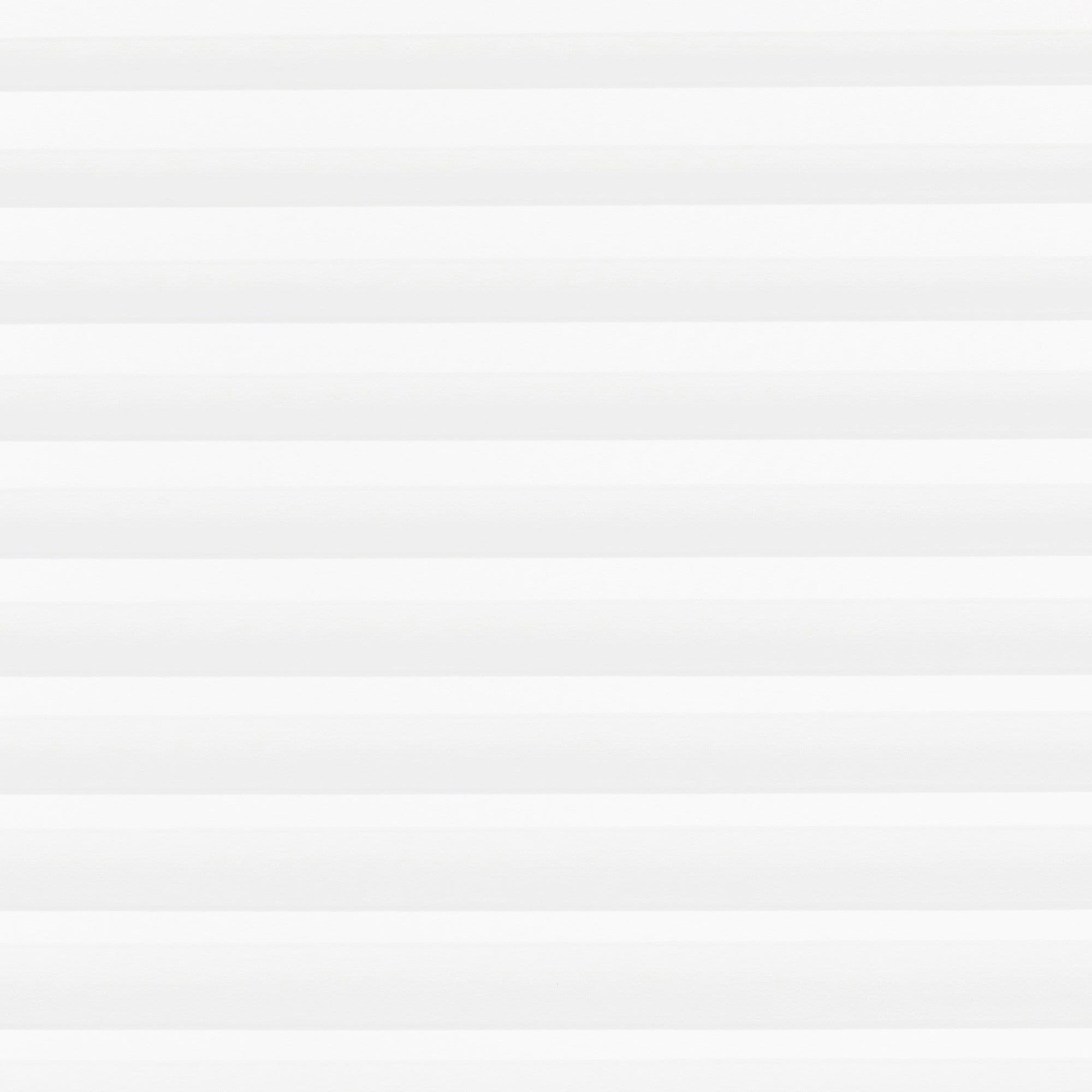 White horizontal pleated blinds filling the frame, evenly spaced shallow folds; closed, softly diffusing daylight into a neutral-lit interior with no visible outside view.