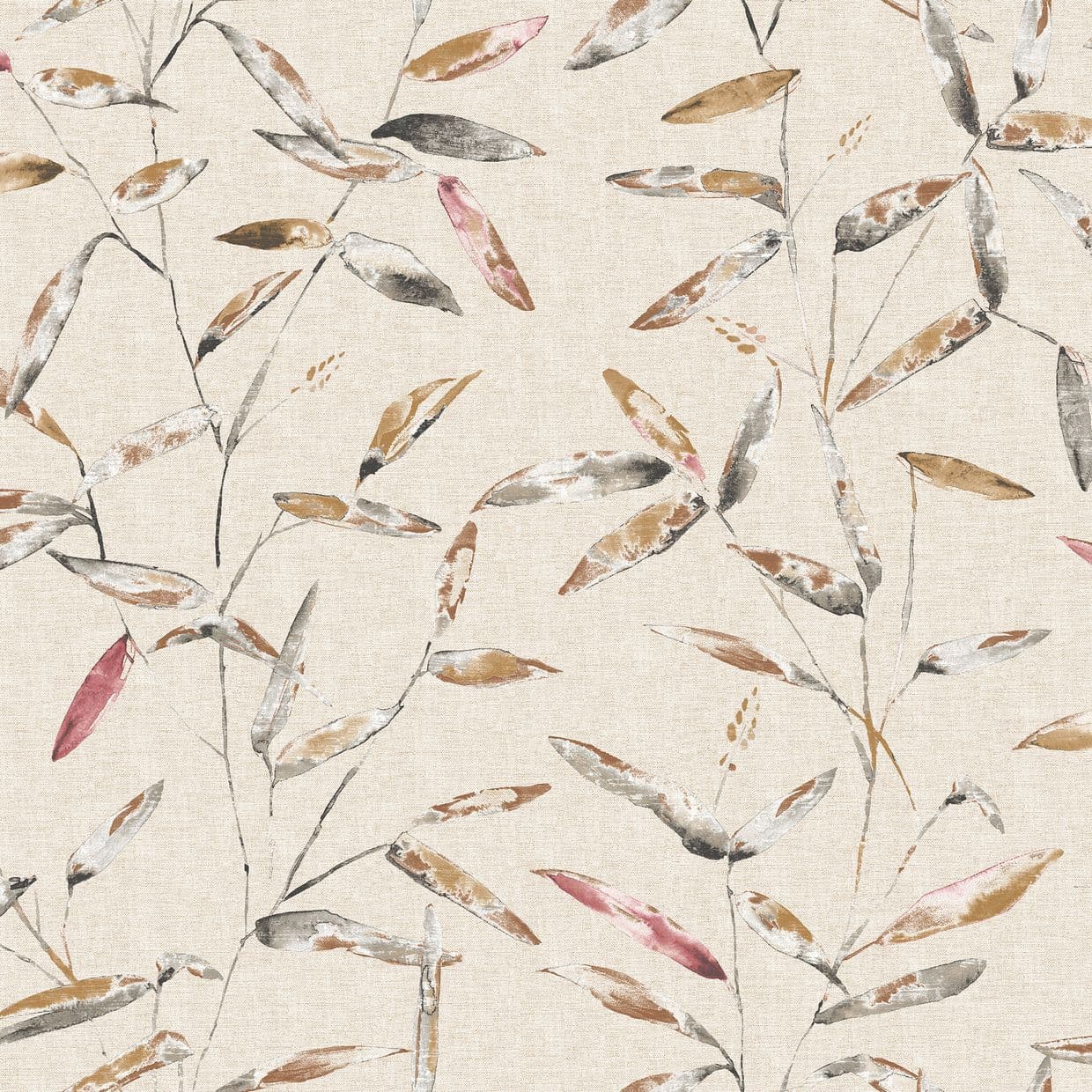 Watercolor-style slender leaves and stems printed across a beige linen-textured surface; leaves in muted ochre, gray and rose tones, forming a repeating botanical wallpaper pattern.