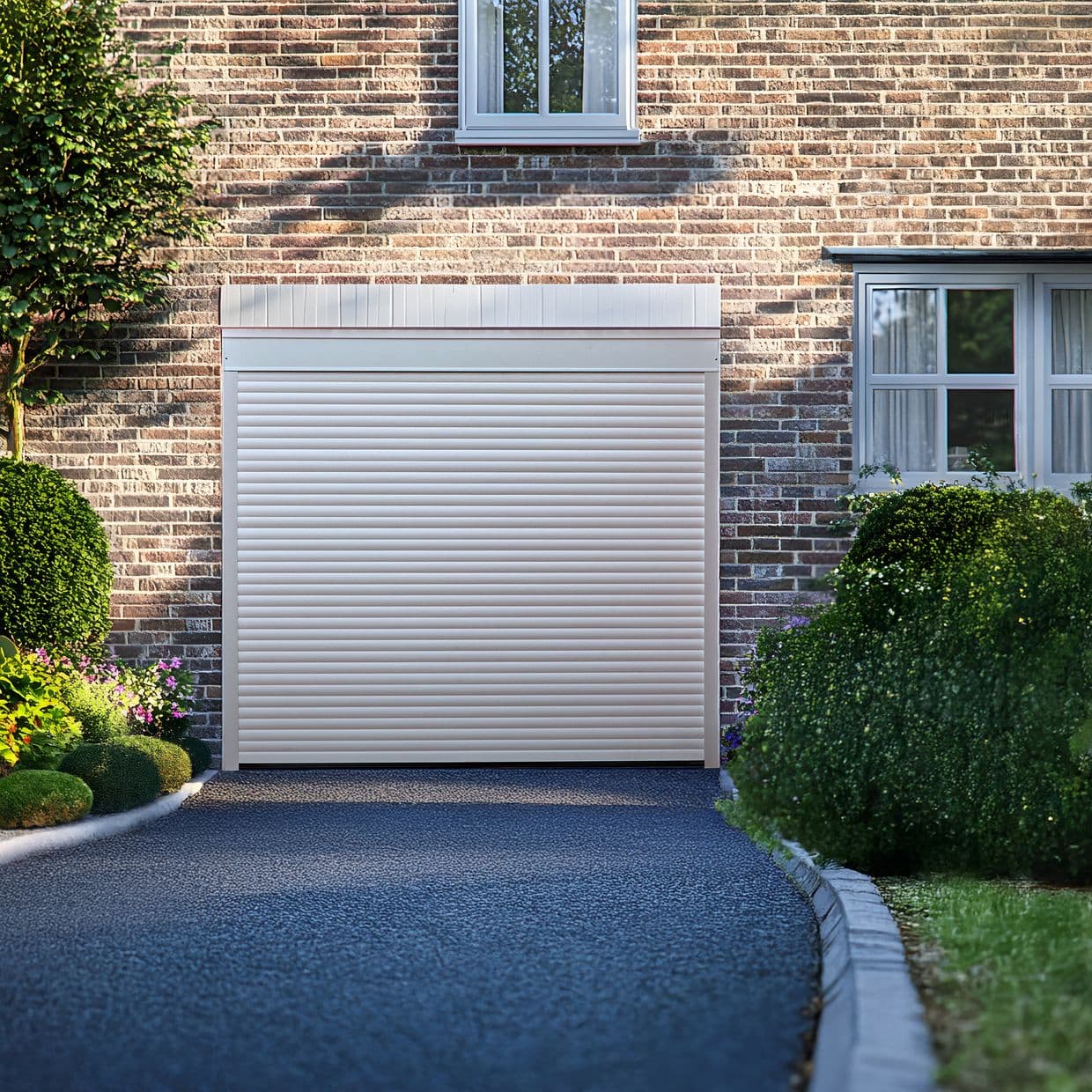 Light beige curtains in the right window, partly drawn across panes, softening incoming light; exterior shows brick house with a closed cream roller garage door, asphalt driveway and trimmed shrubs.