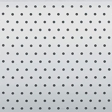 Light gray perforated panel mounted flat, featuring uniform, evenly spaced circular holes; fills the frame, evenly lit, minimal neutral background.