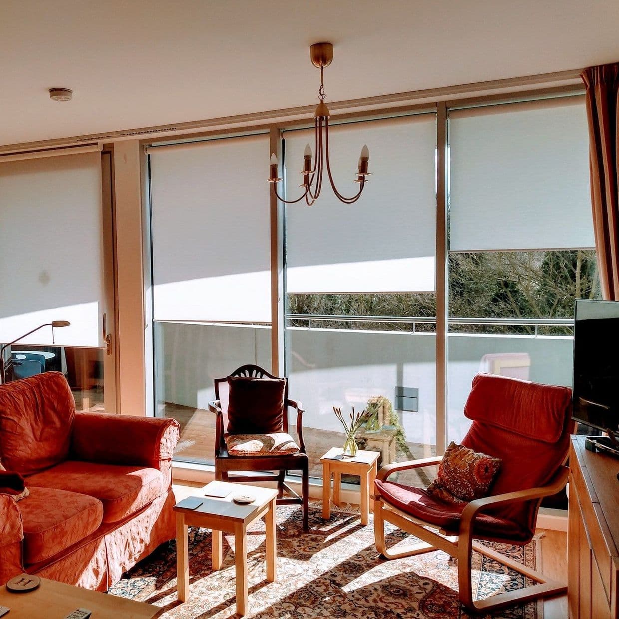 White roller blinds across floor-to-ceiling windows, partially lowered, filtering sunlight and casting diagonal shadows; living room with red upholstered chairs, wooden side tables, patterned rug, balcony and trees beyond.