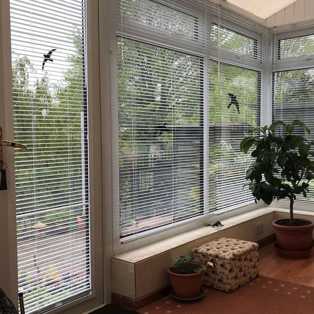 White horizontal Venetian blinds cover corner floor-to-ceiling windows, partially closed and filtering daylight; black bird decals on panes; sunroom with potted plants, cushioned ottoman, and leafy garden view.