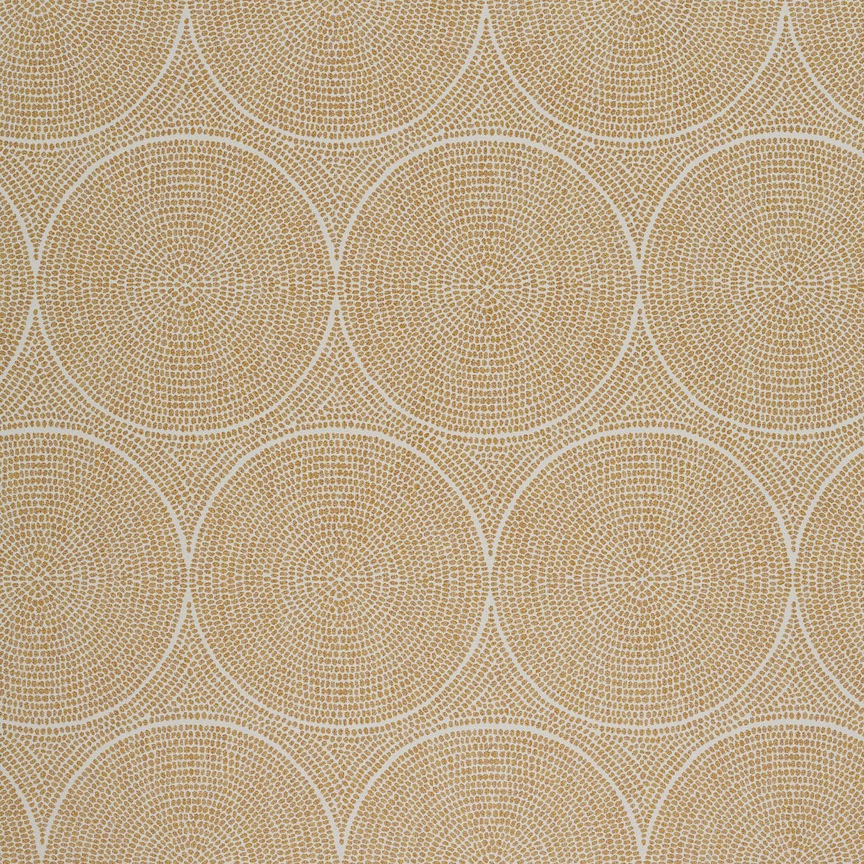 Beige-gold dotted wallpaper covering a wall, forming repeating large concentric circles; the dots create a textured radial pattern that overlaps across an evenly lit close-up interior surface.