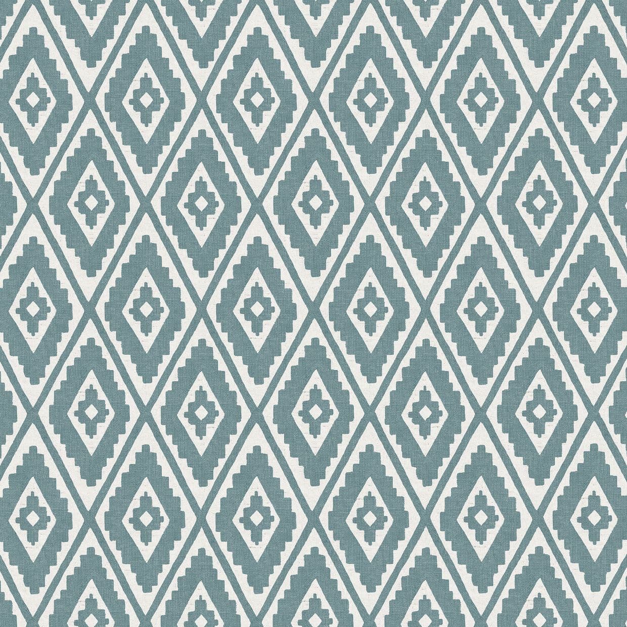 Geometric fabric or wallpaper with teal, stepped diamond motifs arranged in a regular repeating lattice, covering the surface; functioning as decorative wall or upholstery covering in a well-lit interior.