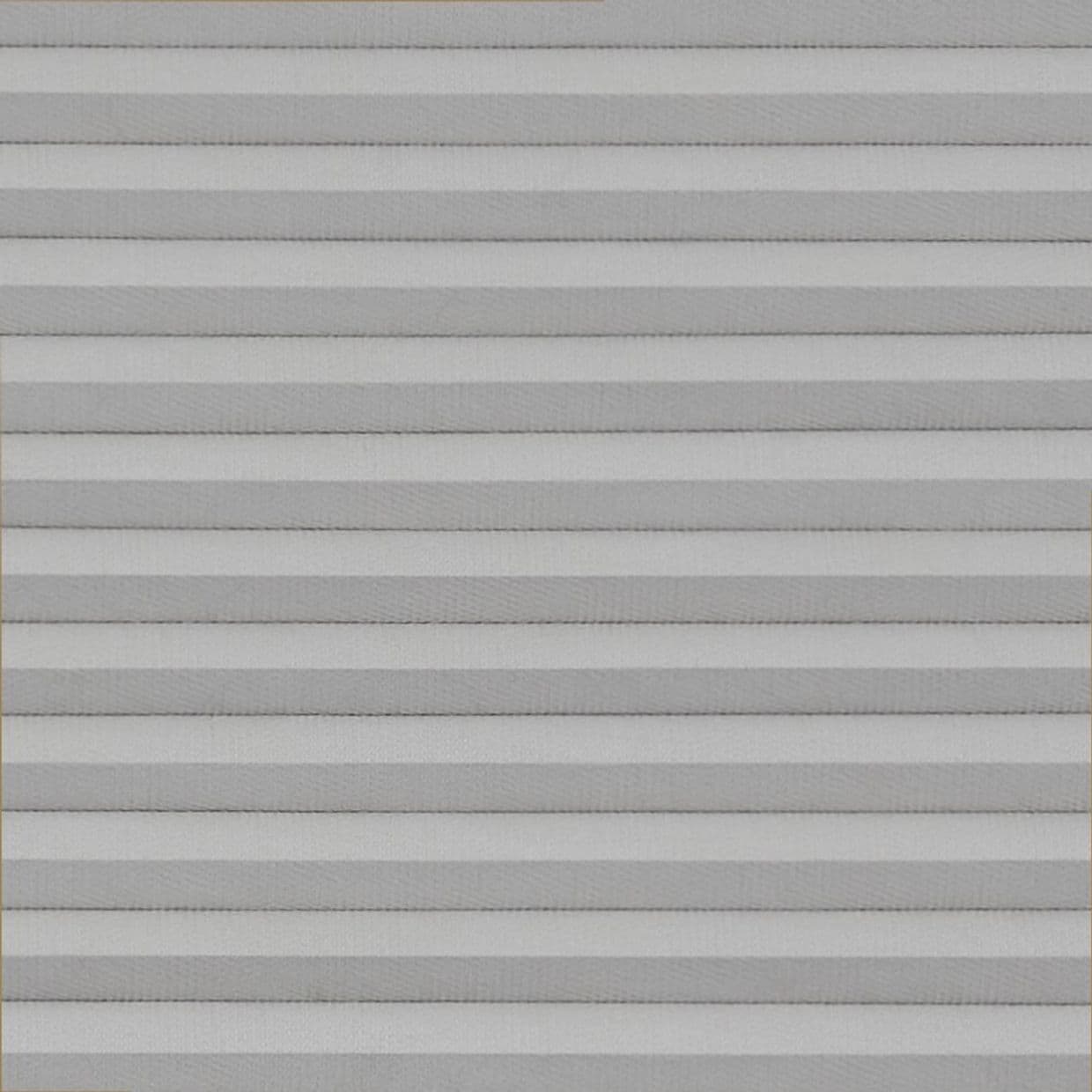 Horizontal pleated cellular blinds, fully lowered across the frame, their alternating light-and-dark gray folds closed, blocking view and softly diffusing daylight in a neutral, evenly lit interior.