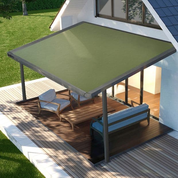 Green fabric retractable awning, stretched over a metal frame and supported by four posts, shading a seating area on a wooden deck attached to a modern house, sunny yard.