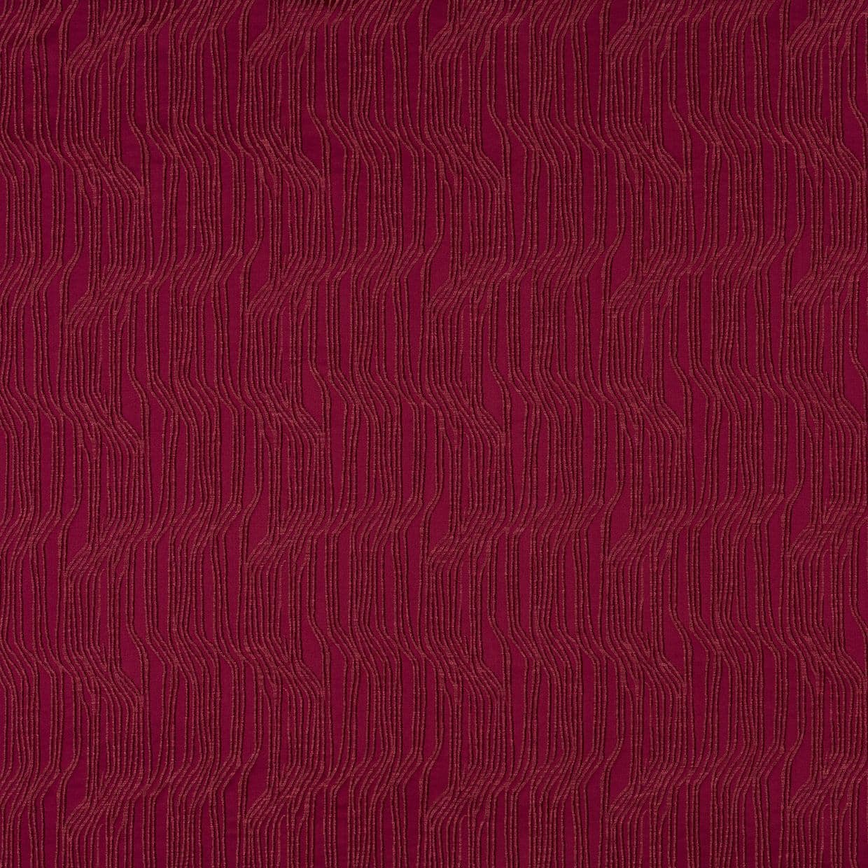 Burgundy textile with raised, closely spaced vertical wavy stitch lines; lies flat, revealing a repeating ribbed pattern; presented like decorative upholstery or wallpaper under soft, even lighting.