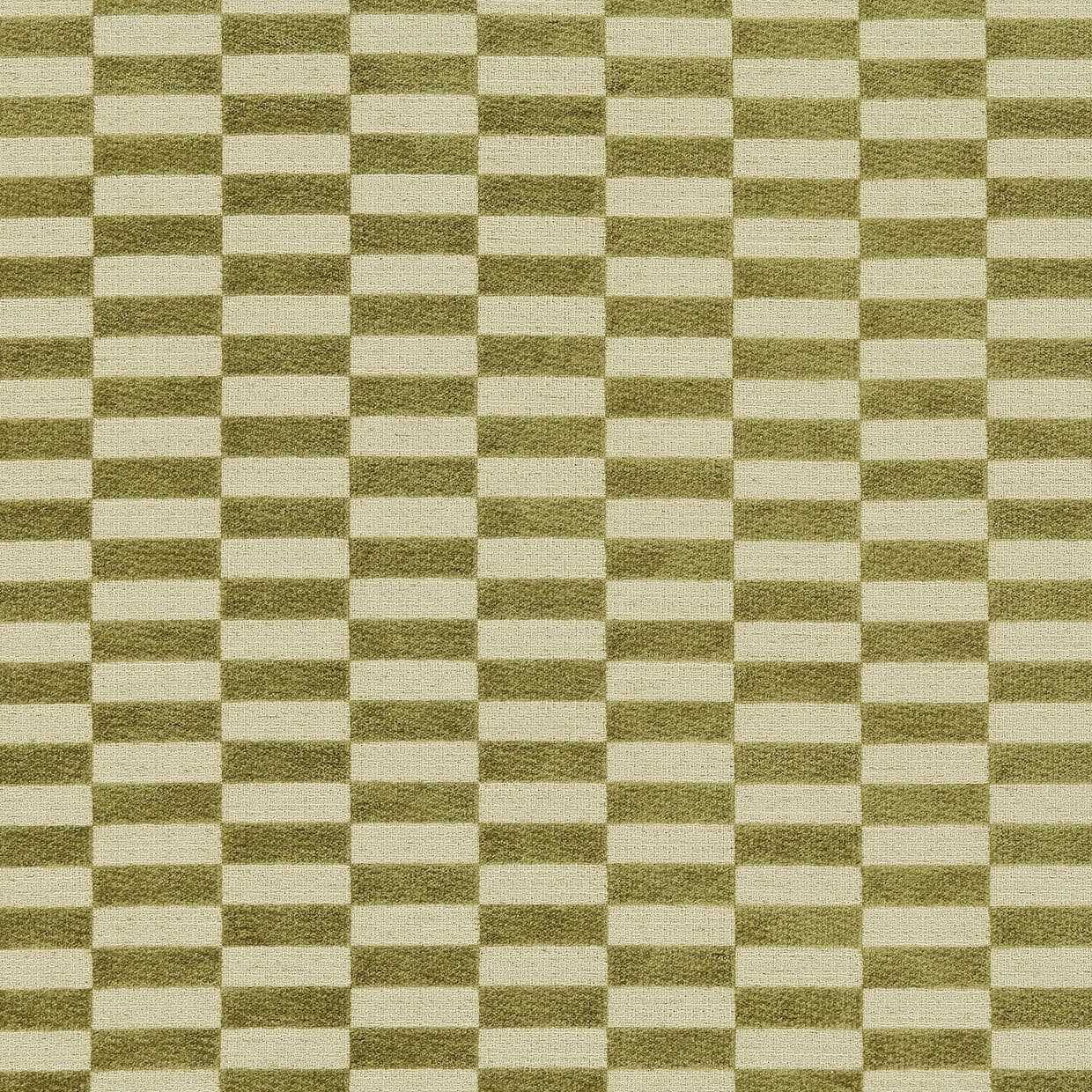 Green-and-cream woven fabric laid flat, showing alternating short horizontal rectangular bands in a tight checkerboard grid; textured surface, even studio lighting, close-up textile pattern.
