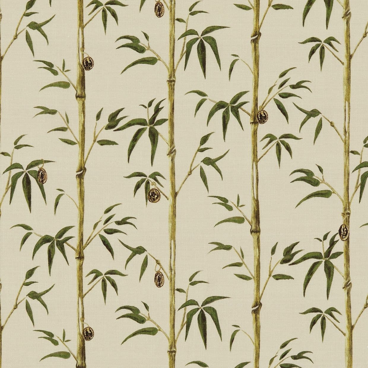 Vertical bamboo-patterned wallpaper depicting slender green bamboo stalks with lanceolate leaves and hanging seed-pod ornaments, arranged in vertical rows on a neutral beige background, flat decorative surface.