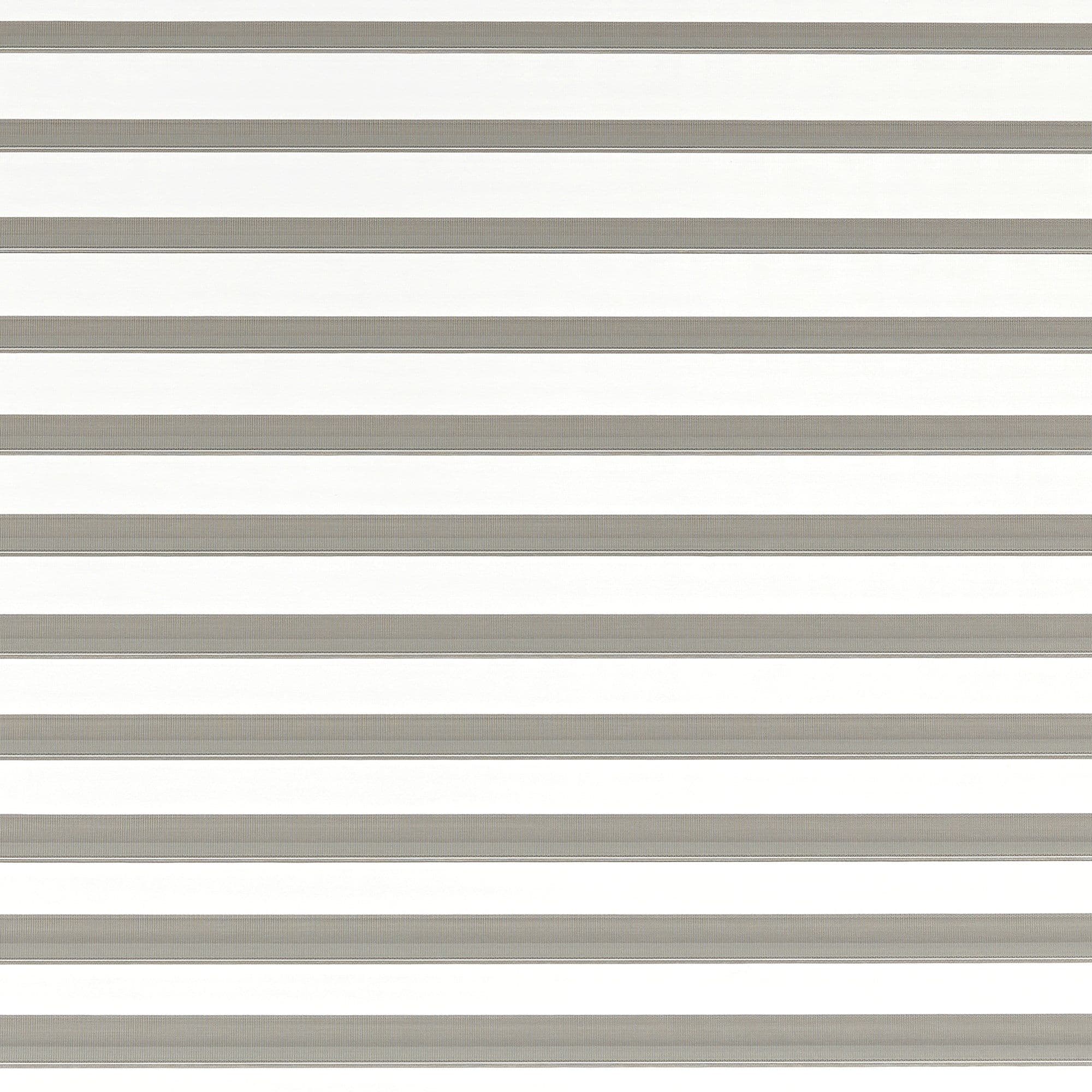 Horizontal zebra-style roller blind with alternating opaque gray and sheer white bands covering the window; bands aligned and closed, filtering diffuse daylight into a bright, neutral interior.