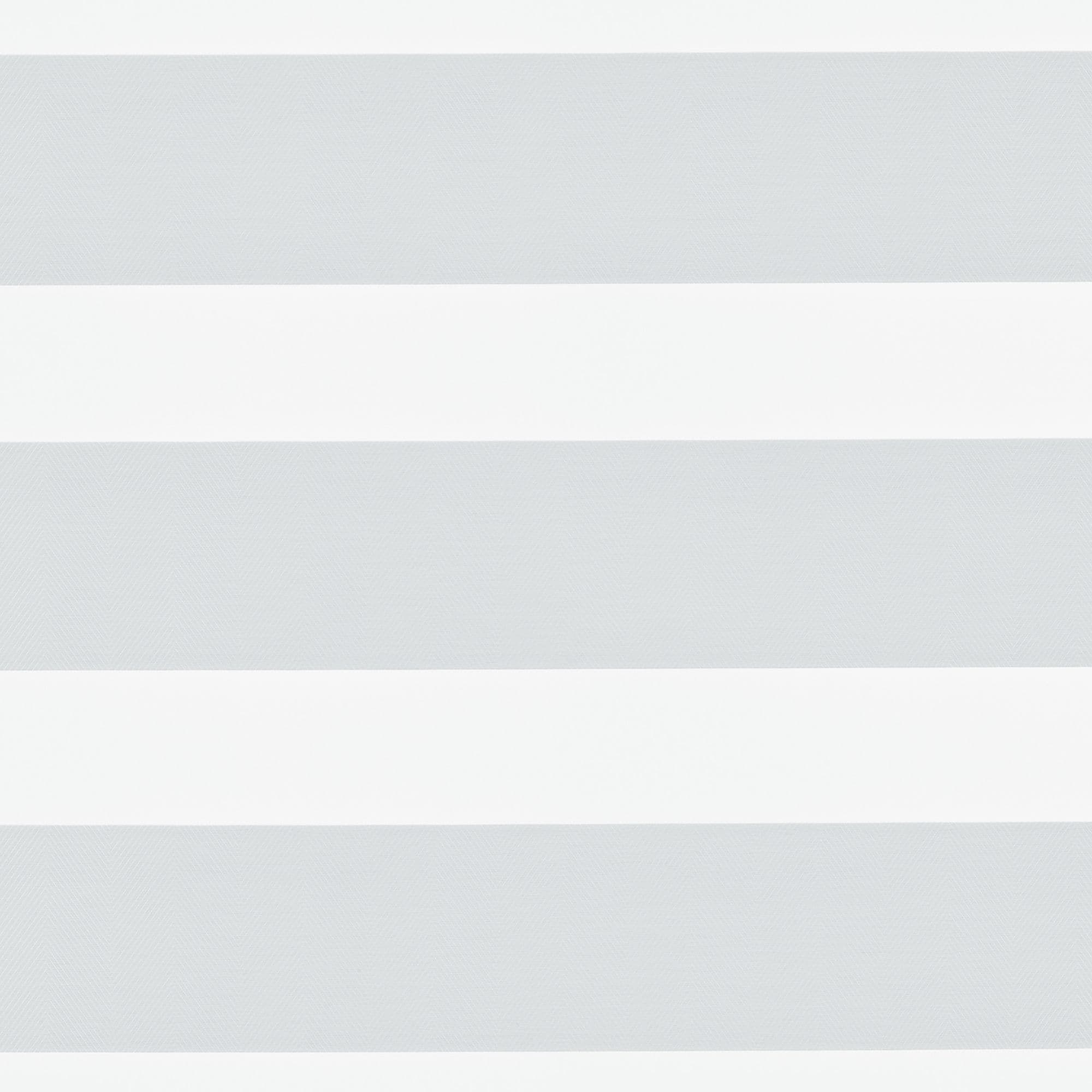 Horizontal striped roller blind with alternating opaque white and semi-translucent pale-gray bands, zebra style, aligned to cover a window and softly filter daylight; interior view with neutral lighting, no outside visible.