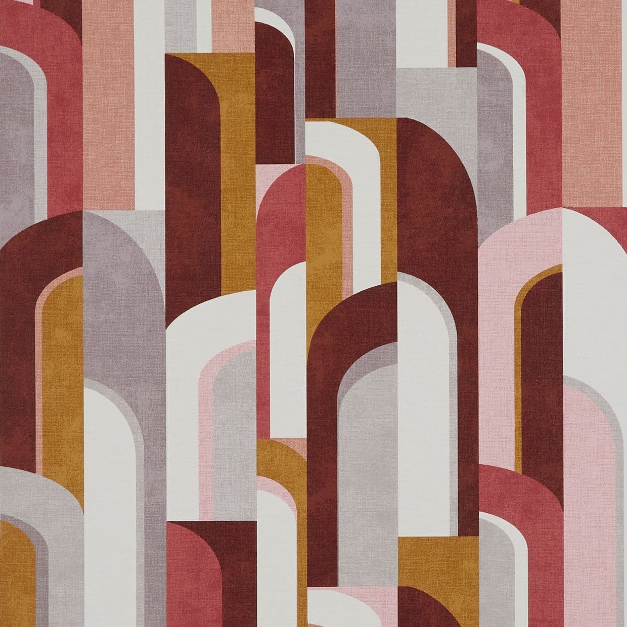 Layered arched fabric panels in muted pink, burgundy, mustard, gray â€” overlapping vertically and alternately revealing inner arches; presented as a flat, textured abstract wallpaper or upholstery pattern.